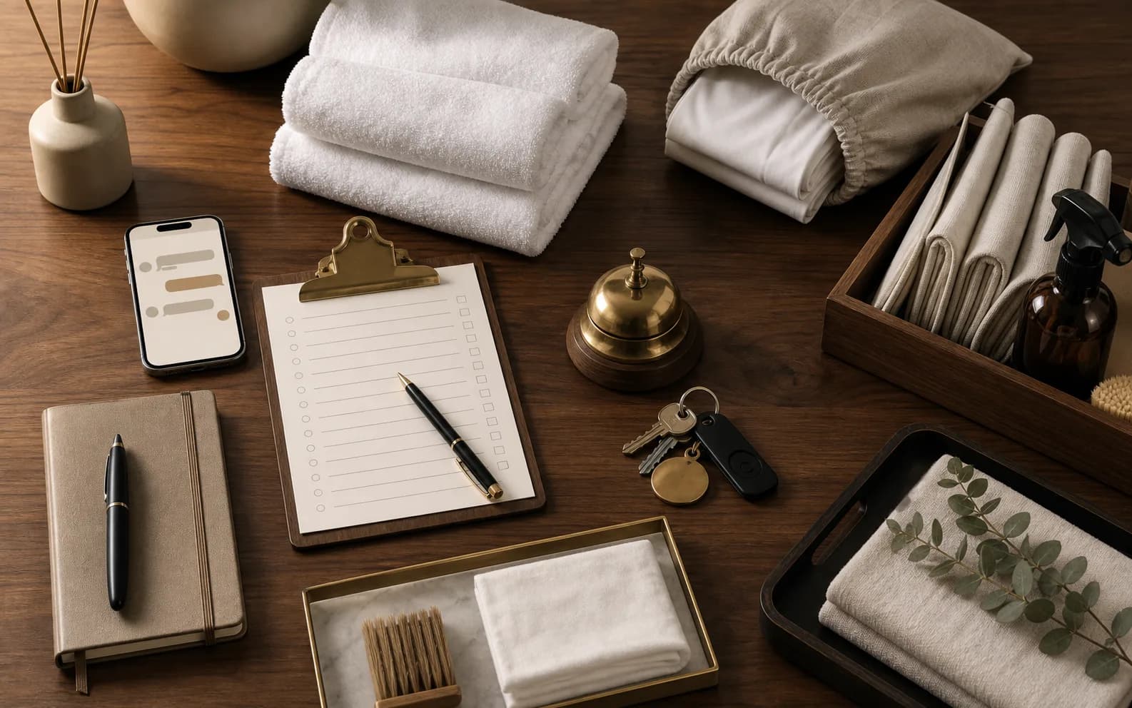 Composizione premium con materiali hospitality per affitti brevi