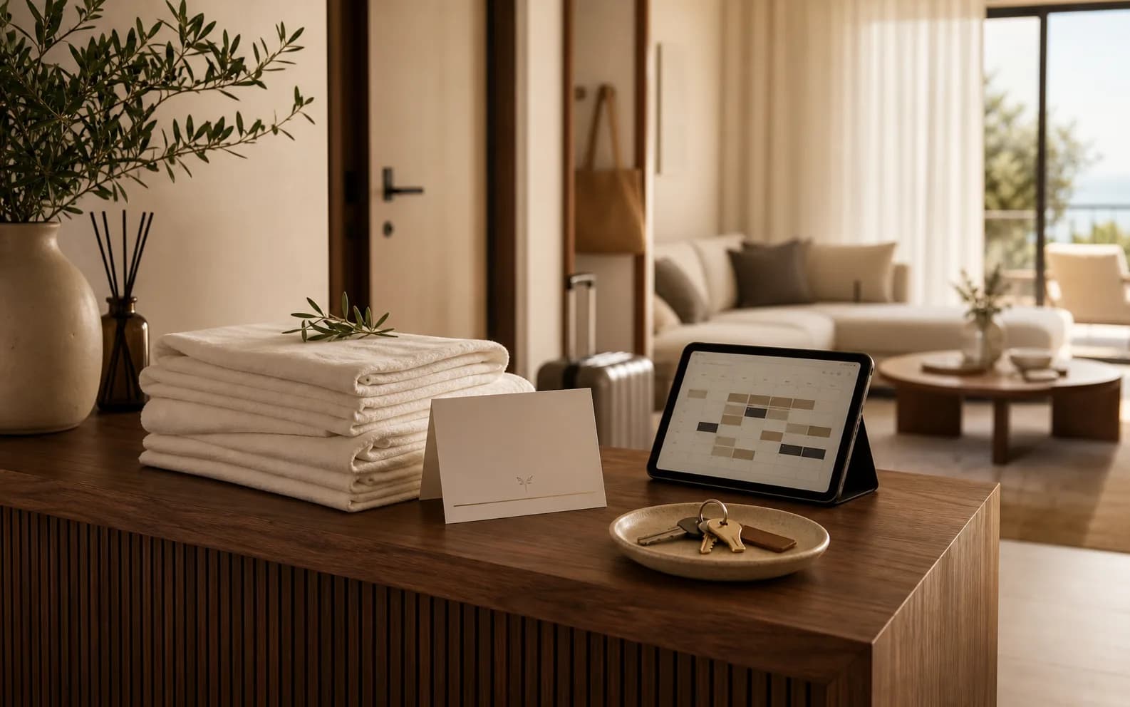 Dettagli hospitality premium con biancheria, chiave e materiali naturali